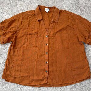 Wonderly Shirt Womens 2X Brown Linen Blend Button Down Boxy Bohemian Minimalist